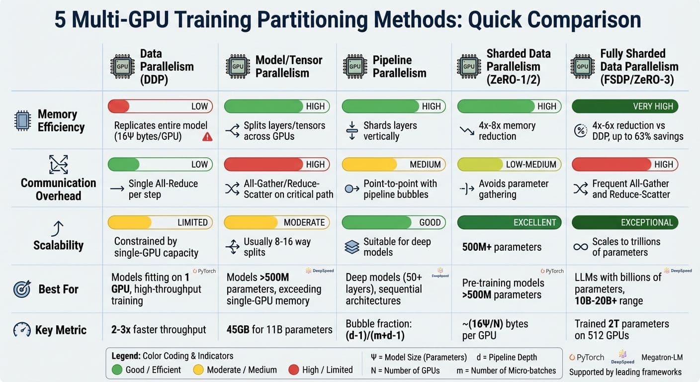 Multi-GPU Training Methods Comparison: Memory Efficiency, Communication Overhead, and Scalability